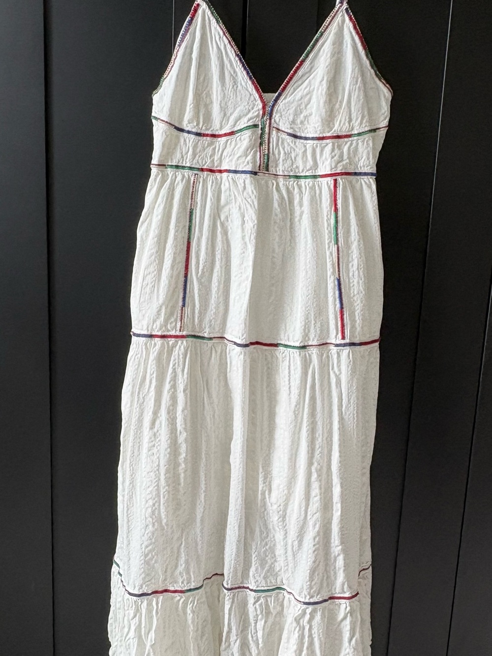 Caroline Constas White Embroidered Tiered Maxi Dress with Bead Trimming, Small